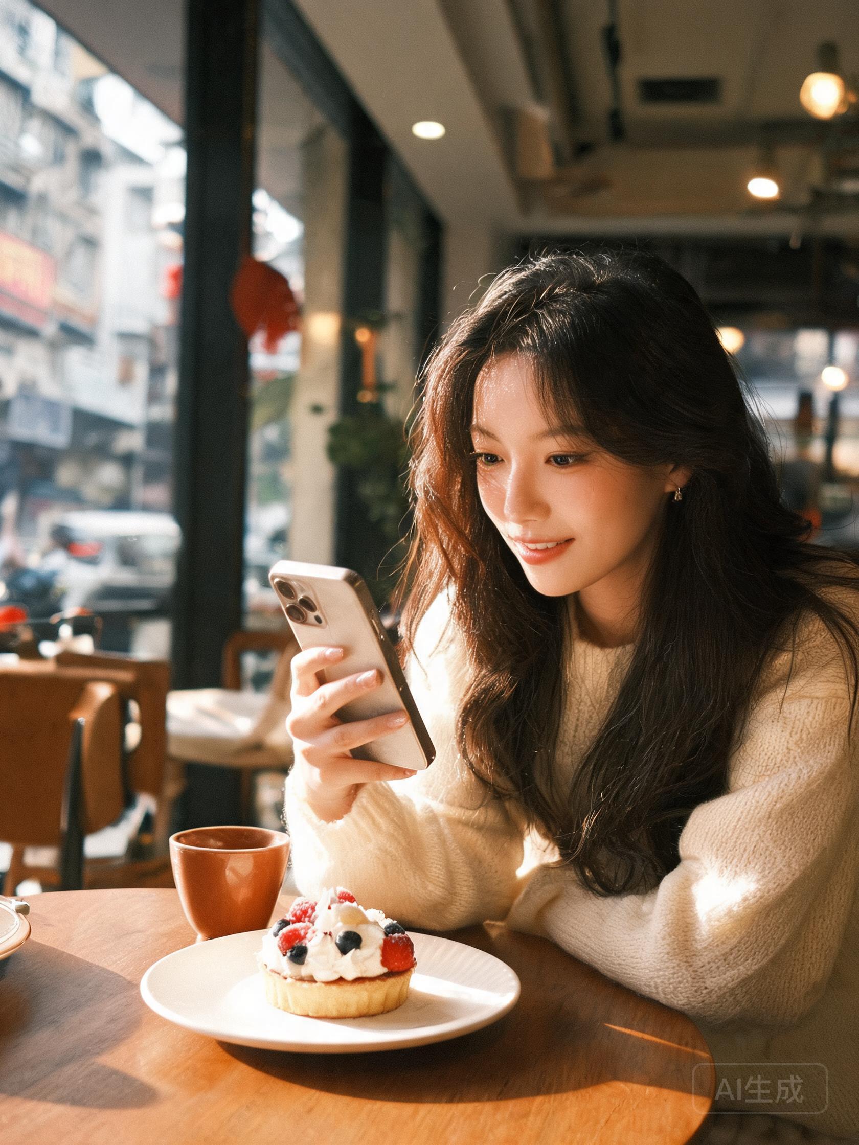 年輕女創作者喺咖啡廳用手機拍攝甜品