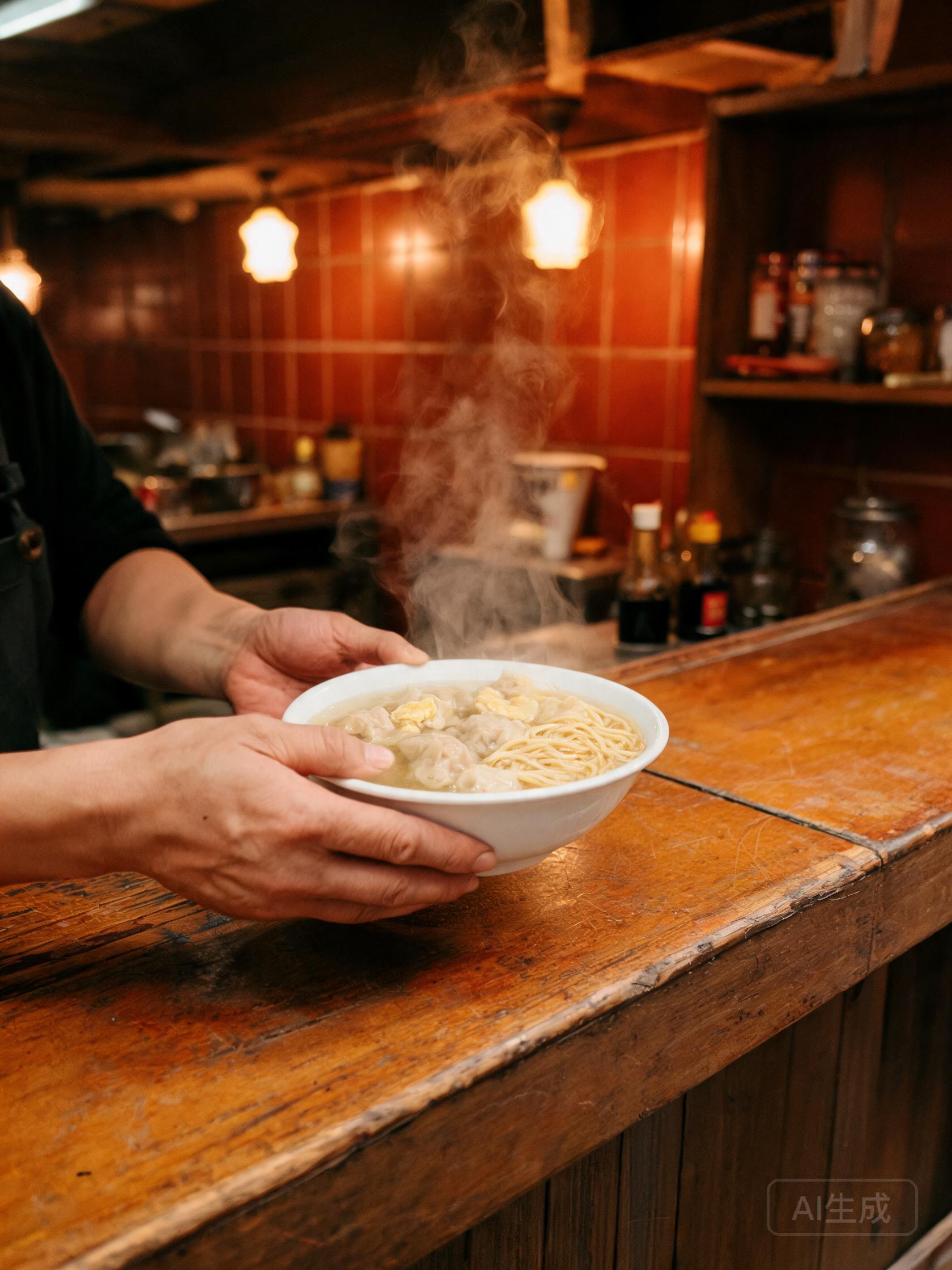 小店店主雙手遞上一碗熱騰騰嘅雲吞麵